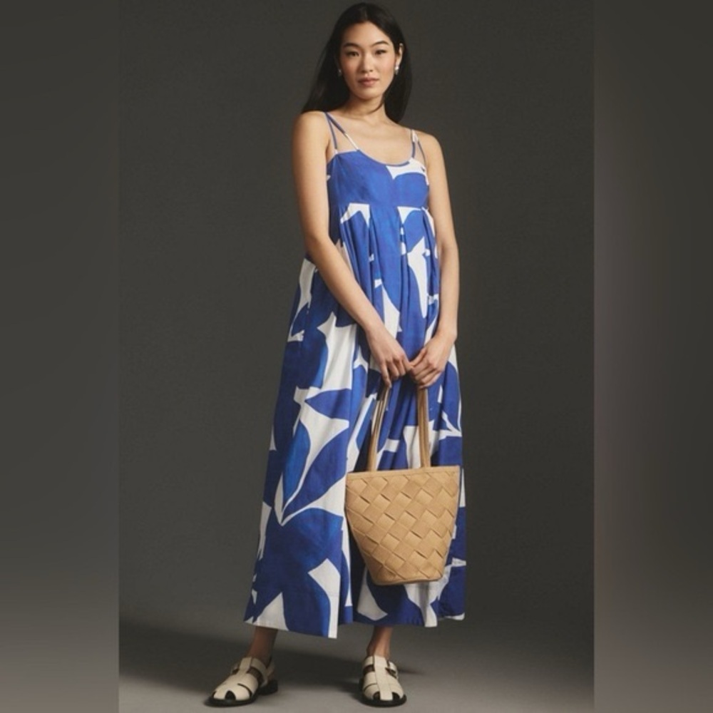 Anthropologie Blue and White Sleeveless Babydoll Floral Maxi Dress